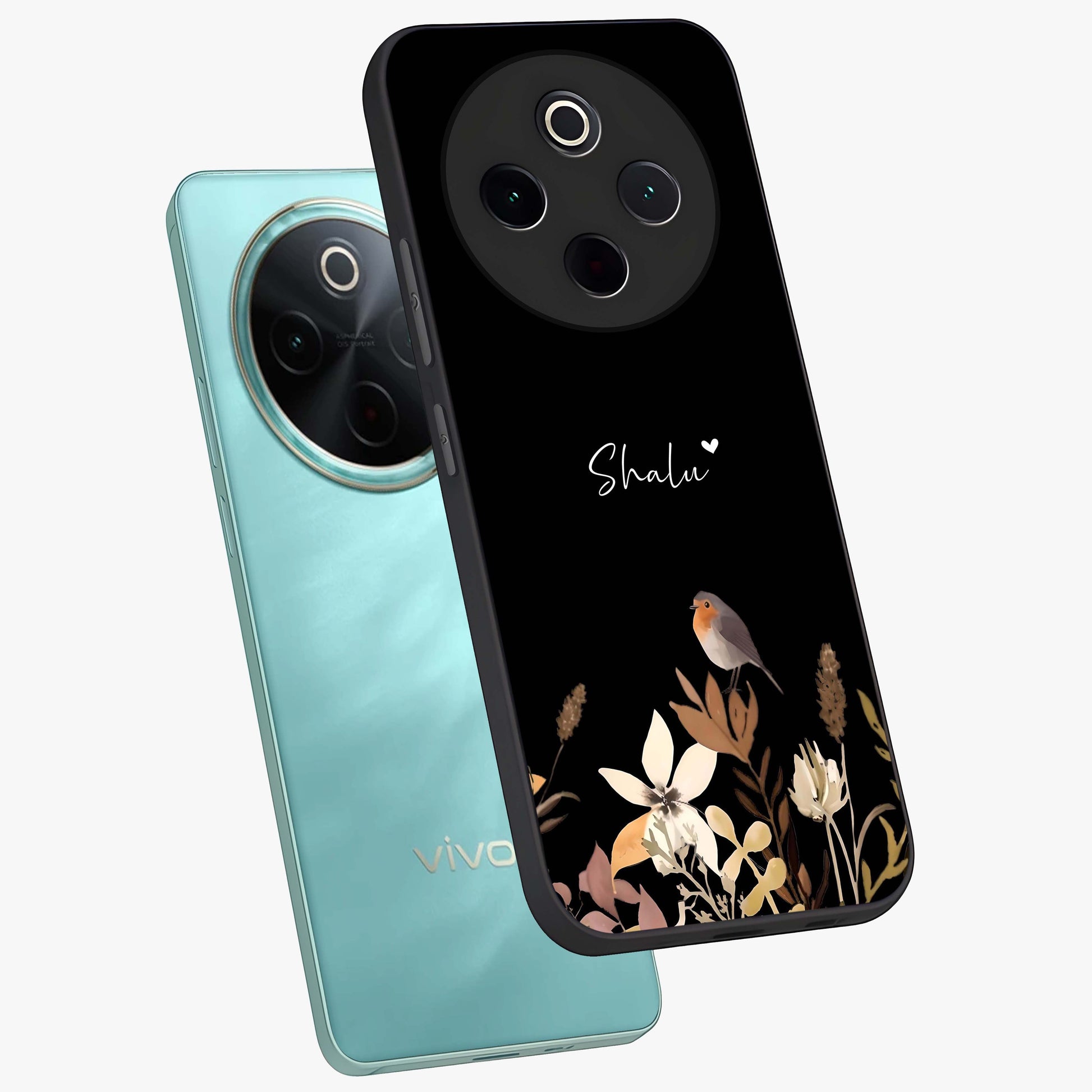 Quiet Garden Tune Custom Name Glass Case displayed in angled mockup highlighting delicate floral garden design with custom name feature.