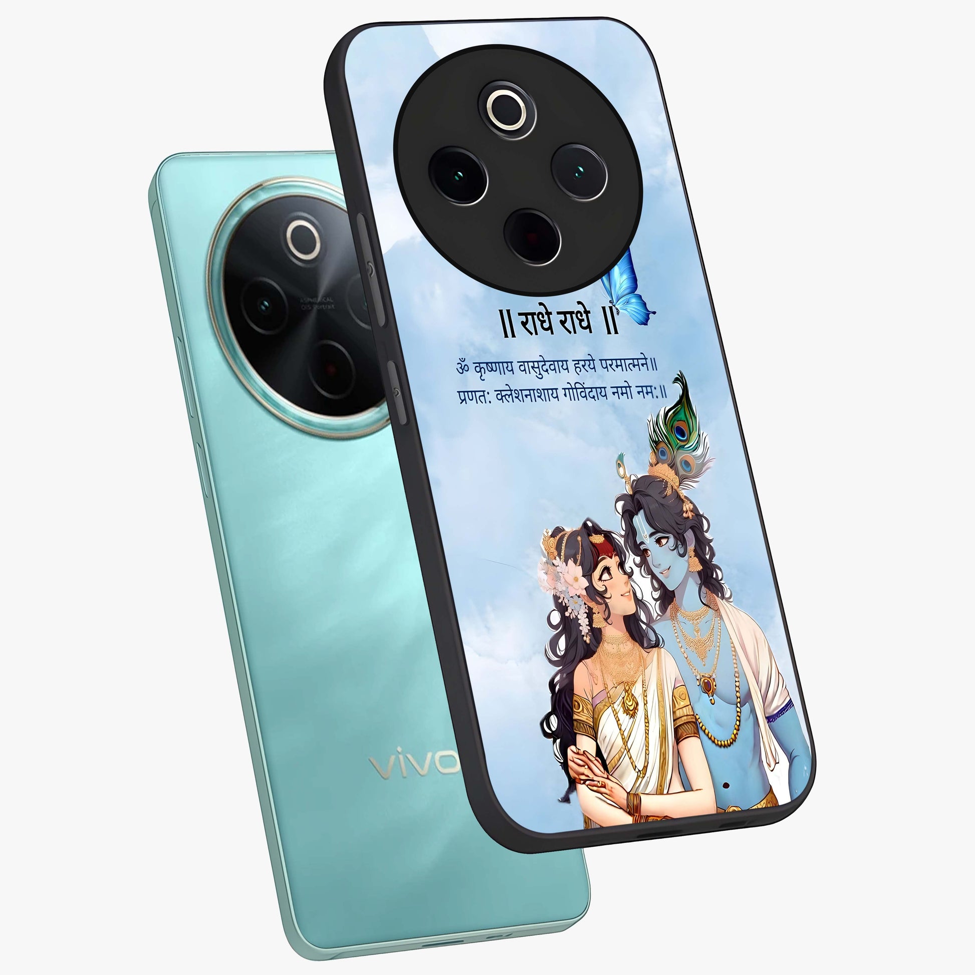 Radha Krishna Eternal Glass Case displayed in angled mockup highlighting divine Radha Krishna illustration with spiritual aesthetic.