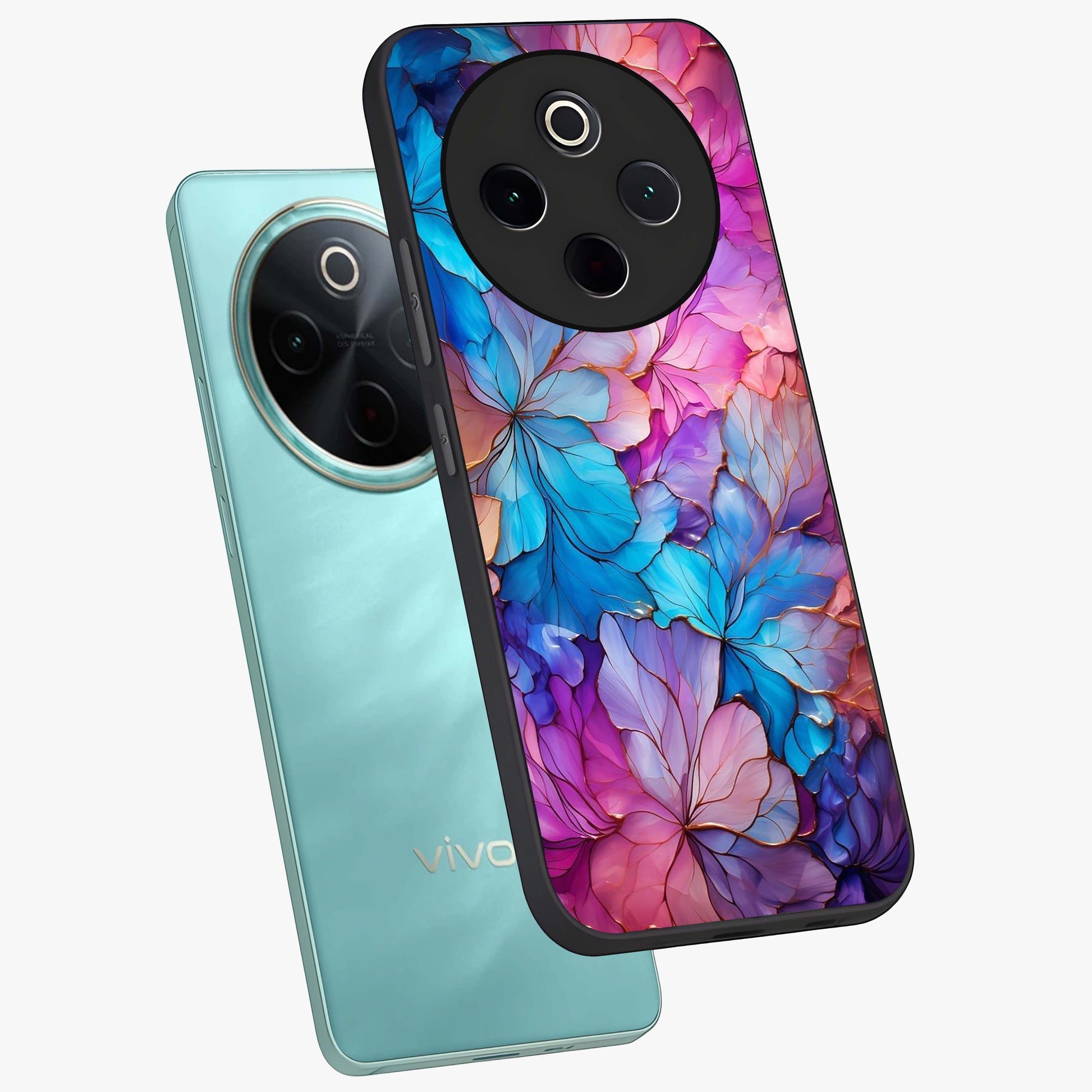 Radiant Floral Whirl Glass Case displayed in angled mockup highlighting vibrant flower pattern with dynamic artistic aesthetic.