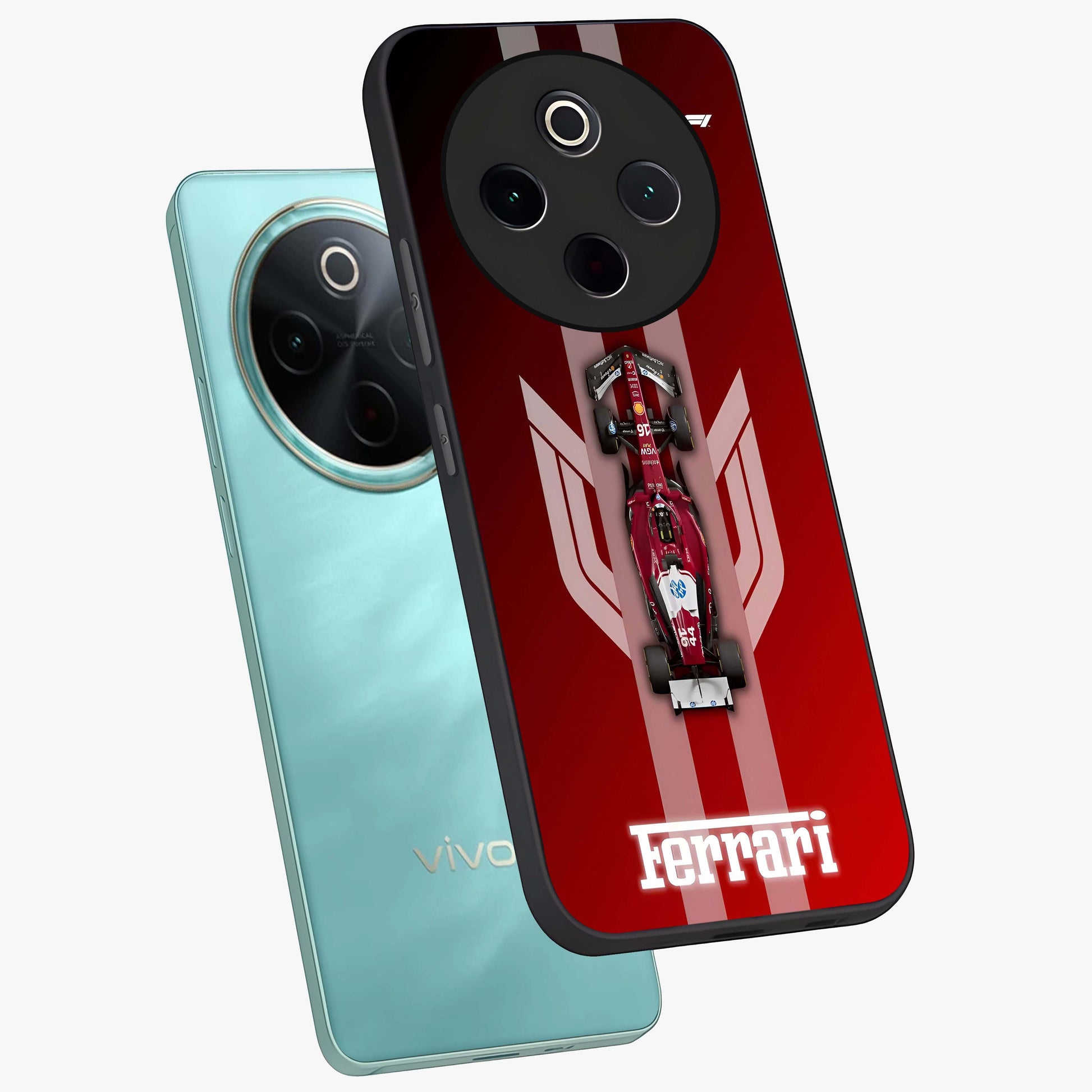 Red Ferrari F1 Vertical Glass Case displayed in angled mockup highlighting high speed racing design with bold automotive aesthetic.