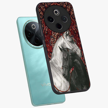 Regal Stallion Tapestry Glass Case displayed in angled mockup highlighting royal stallion design with decorative heritage aesthetic.