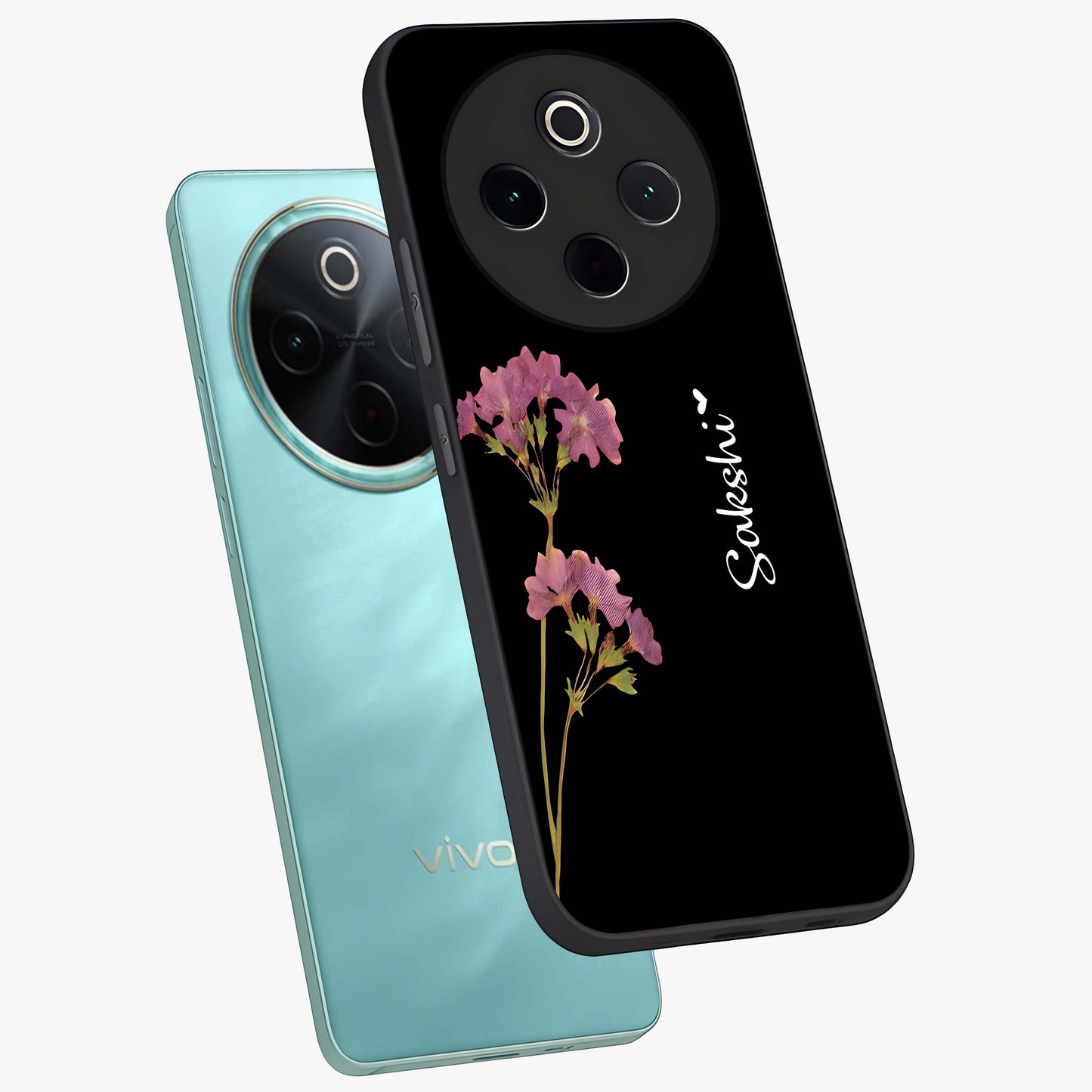 Riching Lavender Flower Custom Name Glass Case displayed in angled mockup highlighting delicate lavender flower design with custom name feature.