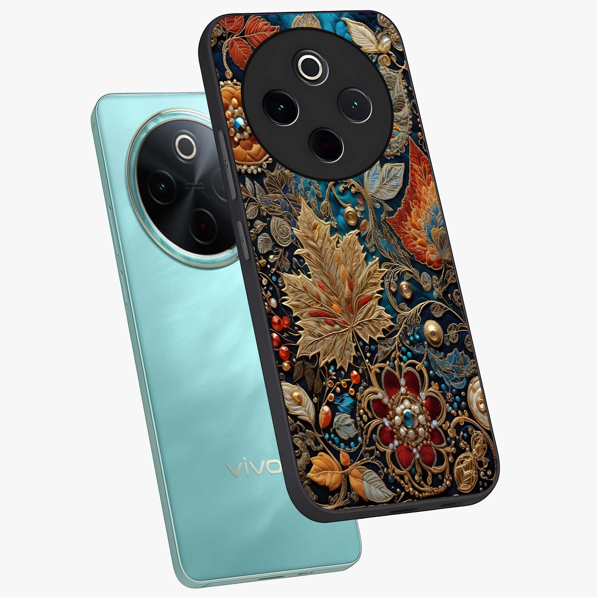 Royal Jewel Garden Glass Case displayed in angled mockup highlighting vibrant jewel inspired floral design with elegant aesthetic.
