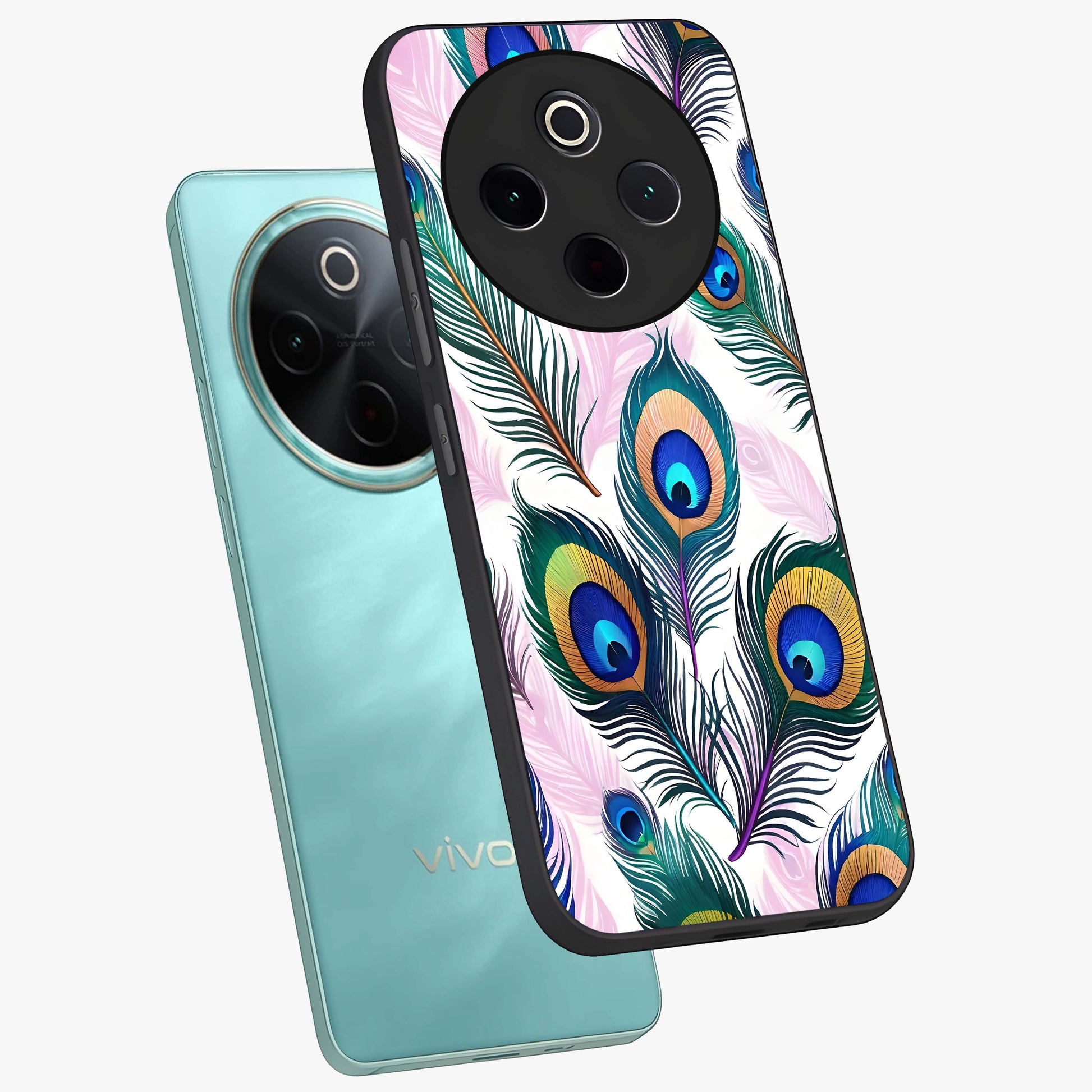 Royal Peacock Feathers Glass Case displayed in angled mockup highlighting vibrant feather pattern with regal aesthetic style.