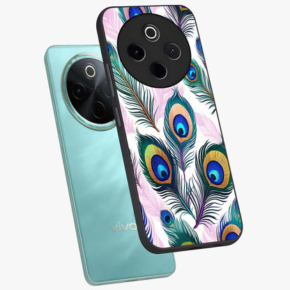 Royal Peacock Feathers Glass Case displayed in angled mockup highlighting vibrant feather pattern with regal aesthetic style.