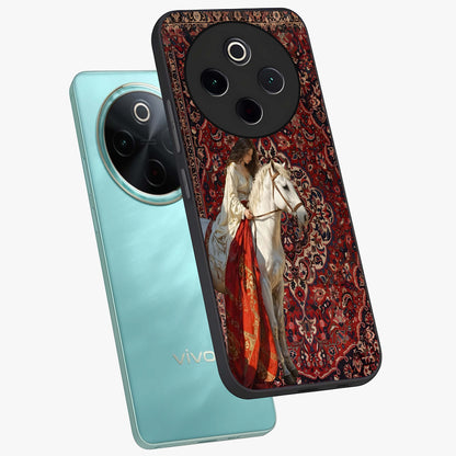 Royal Rider Tapestry Glass Case displayed in angled mockup highlighting traditional tapestry design with royal heritage aesthetic.