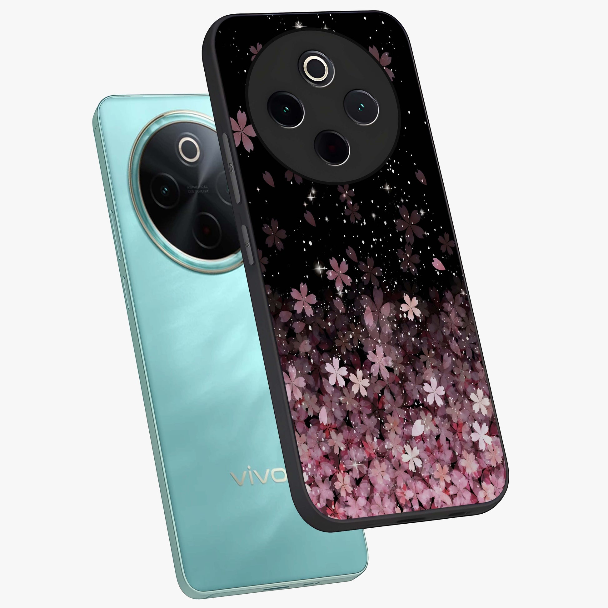 Small Starry Flowers Glass Case displayed in angled mockup highlighting tiny flower pattern with celestial aesthetic style.