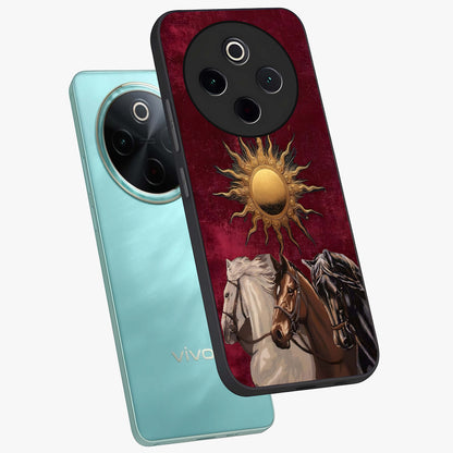 Solar Riders Glass Case displayed in angled mockup highlighting powerful rider illustration with radiant solar aesthetic.