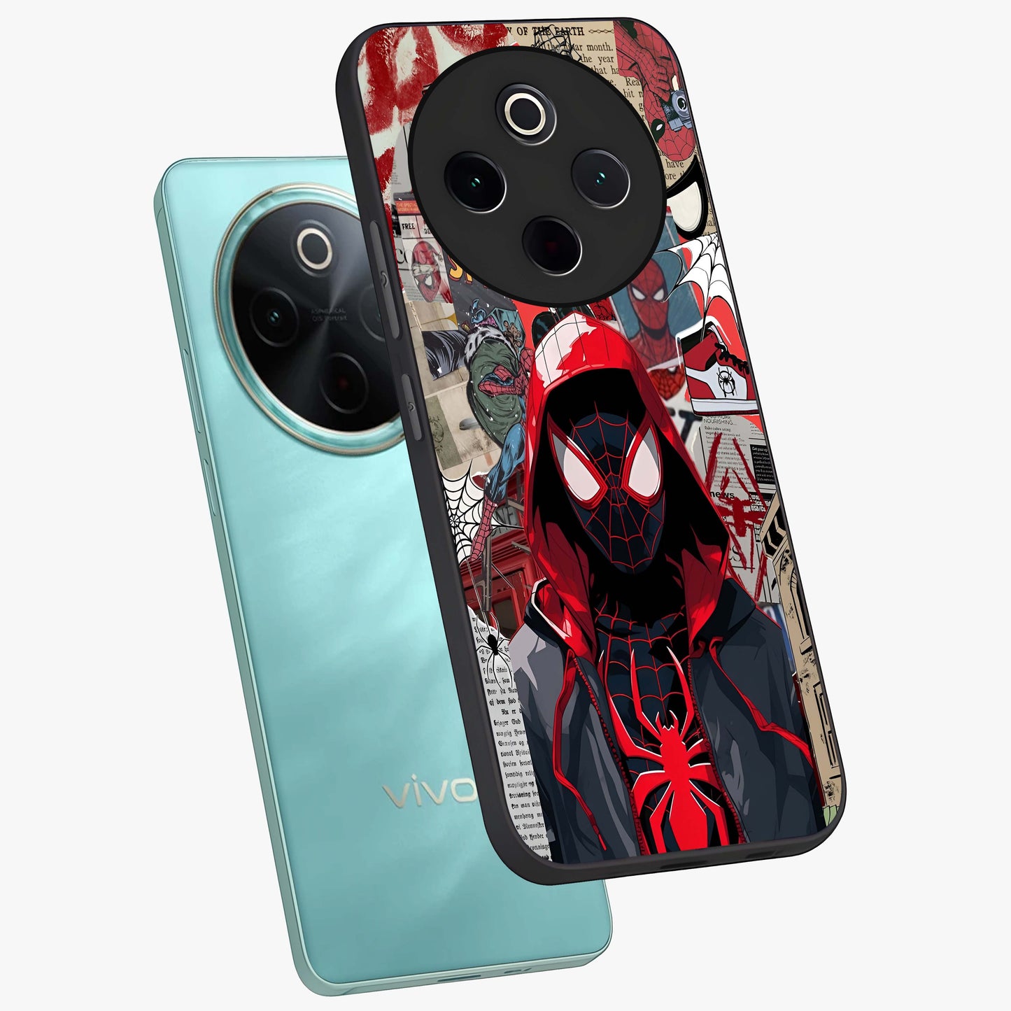 Spider Collage Street Glass Case displayed in angled mockup highlighting dynamic street style collage design with comic aesthetic.