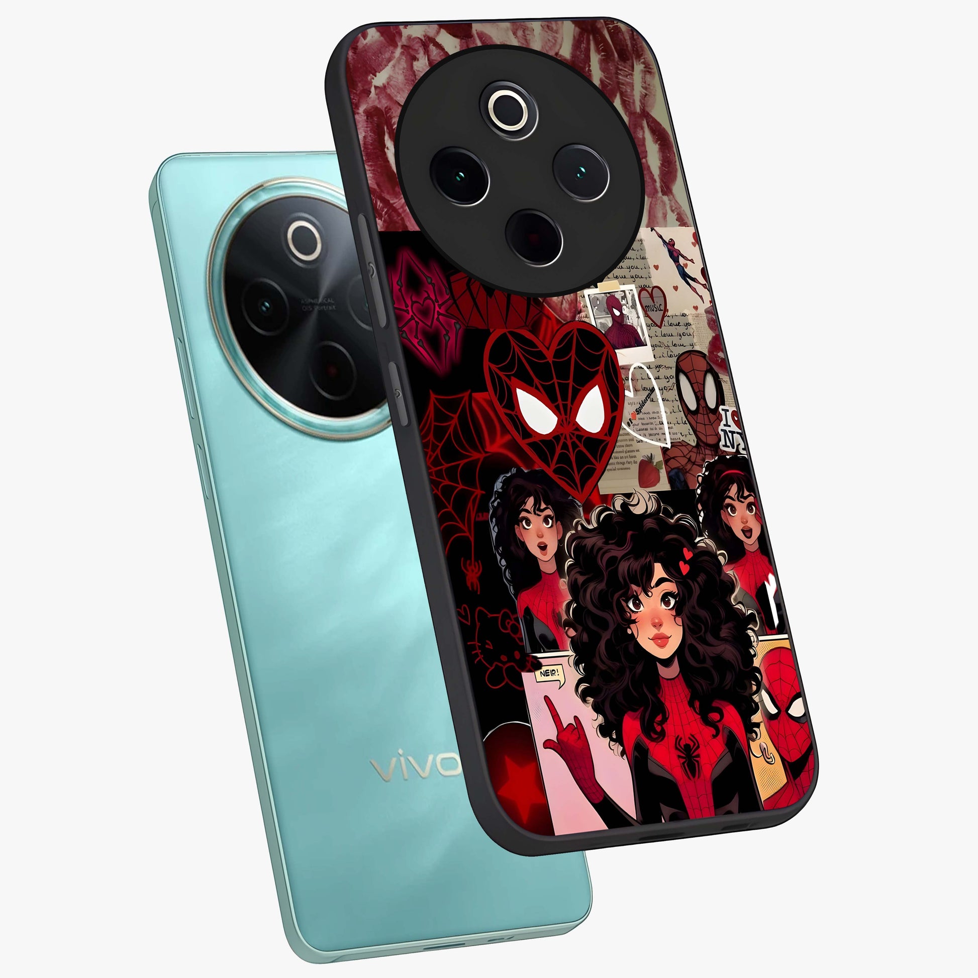 Spider Love Story Glass Case displayed in angled mockup highlighting expressive comic inspired design with playful aesthetic.