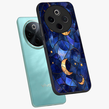 Starlit Sky Tapestry Glass Case displayed in angled mockup highlighting celestial night pattern with artistic aesthetic style.