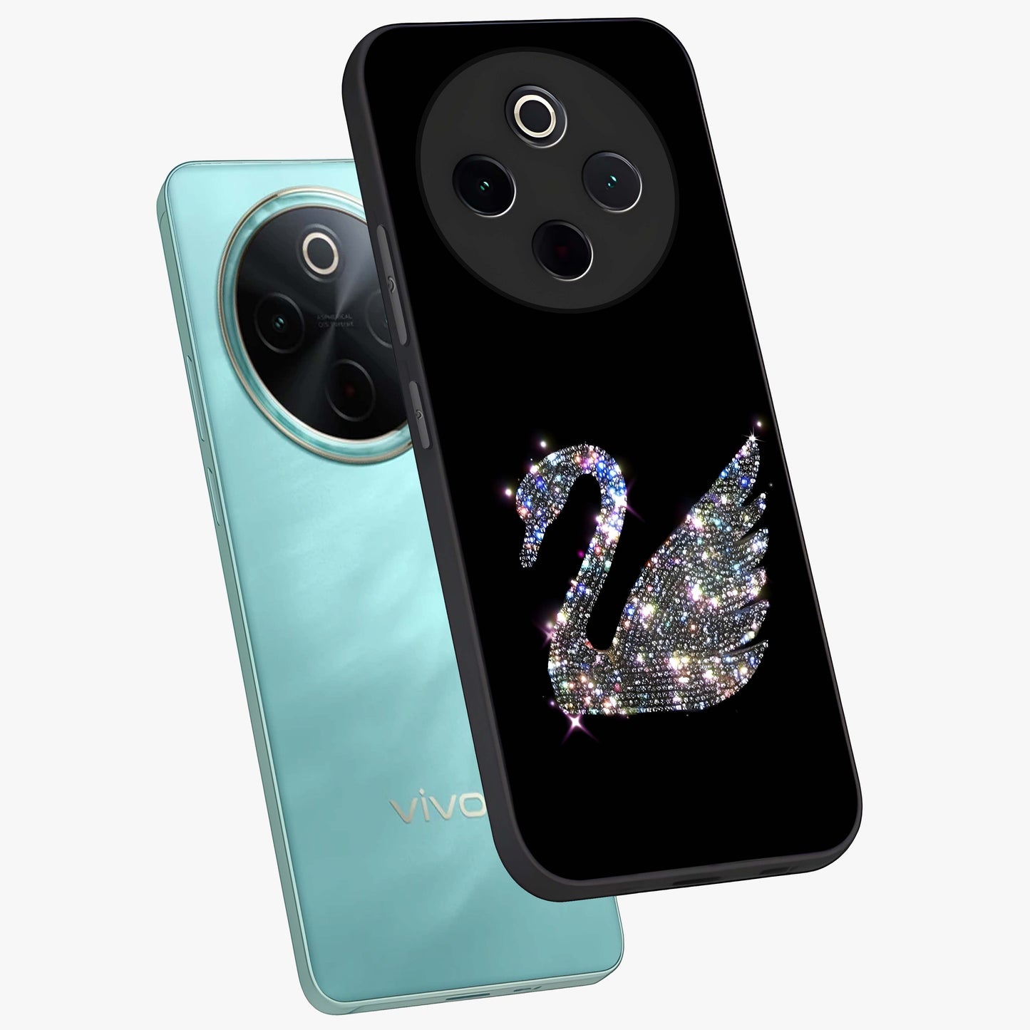 Starlit Swan Grace Glass Case displayed in angled mockup highlighting elegant swan illustration with dreamy celestial aesthetic.