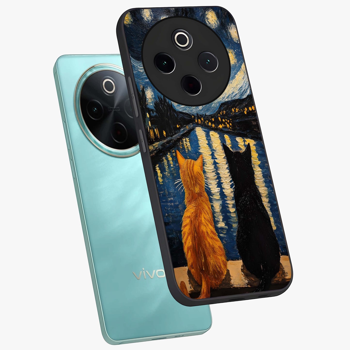 Starry River Cats Glass Case displayed in angled mockup highlighting charming feline illustration with dreamy night aesthetic.