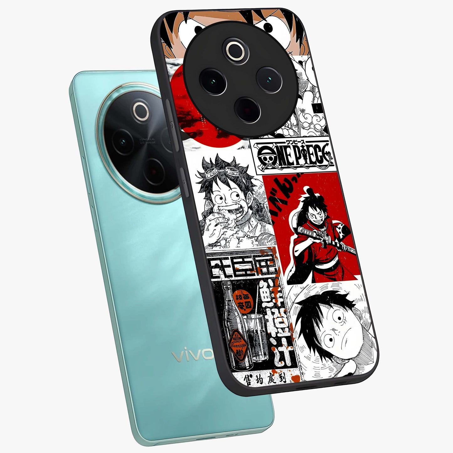 Strawhat Chaos Panels Glass Case displayed in angled mockup highlighting vibrant anime collage design with action aesthetic.