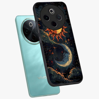 Sun And Moon Magic Design Glass Case displayed in angled mockup highlighting celestial design with magical cosmic aesthetic.