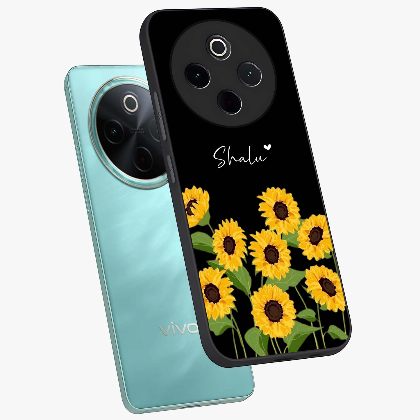 Sunflower Chic Mood Custom Name Glass Case displayed in angled mockup highlighting vibrant sunflower design with custom name feature.
