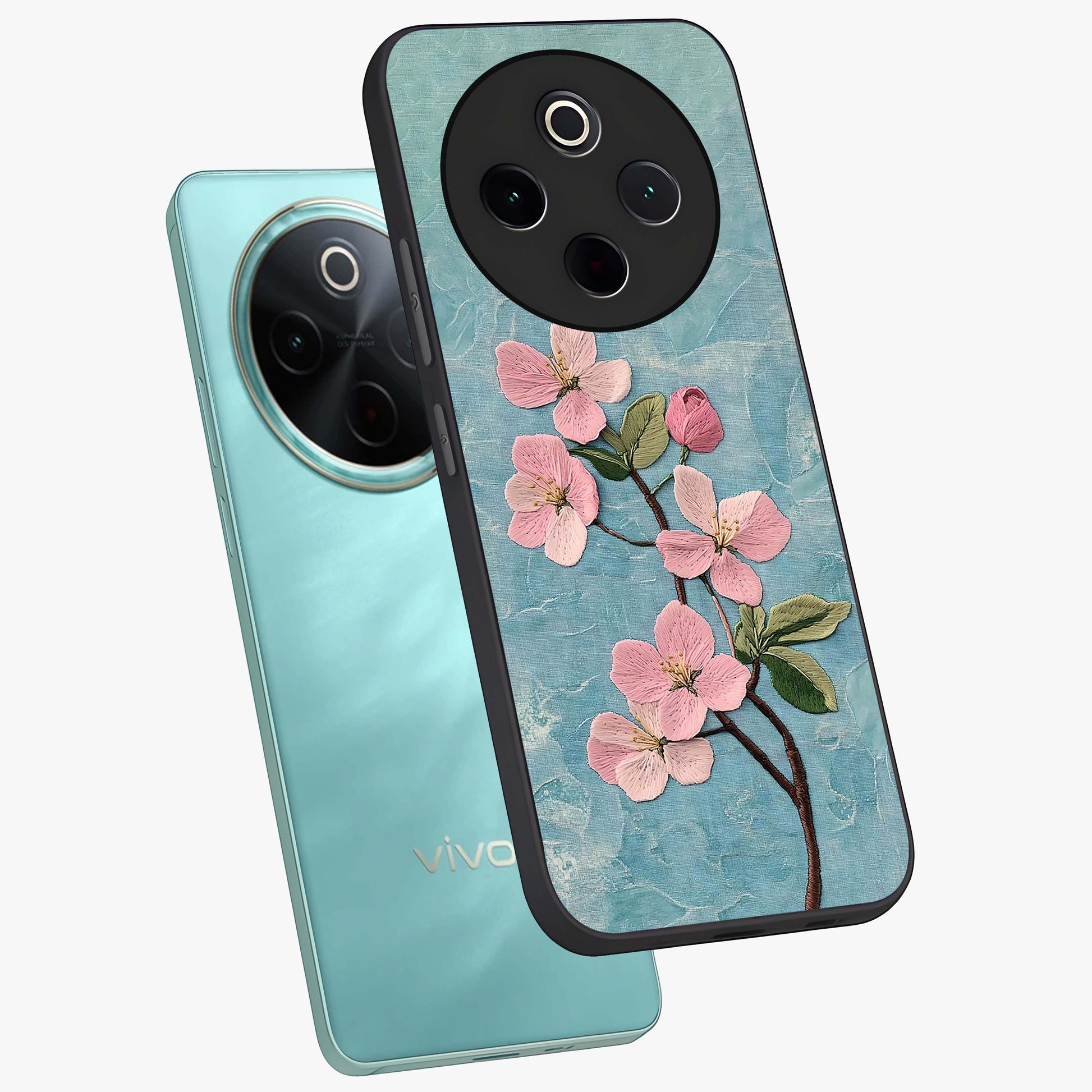 Threaded Blossom Breeze Glass Case displayed in angled mockup highlighting elegant floral design with soft aesthetic style.