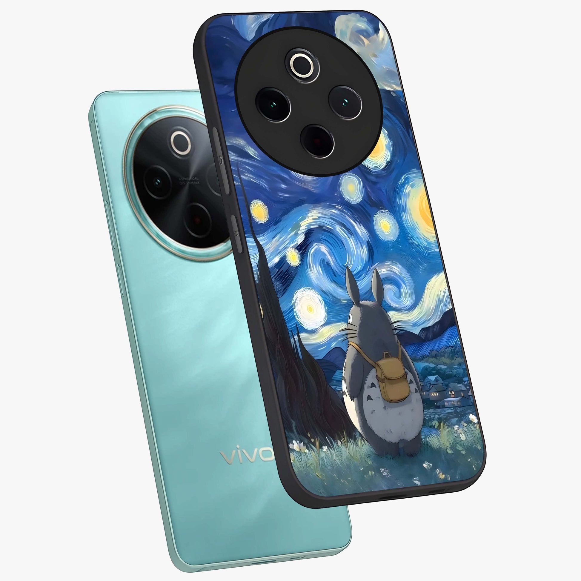 Totoro In Van Gogh Art Glass Case displayed in angled mockup highlighting artistic swirling sky design with playful animation aesthetic.