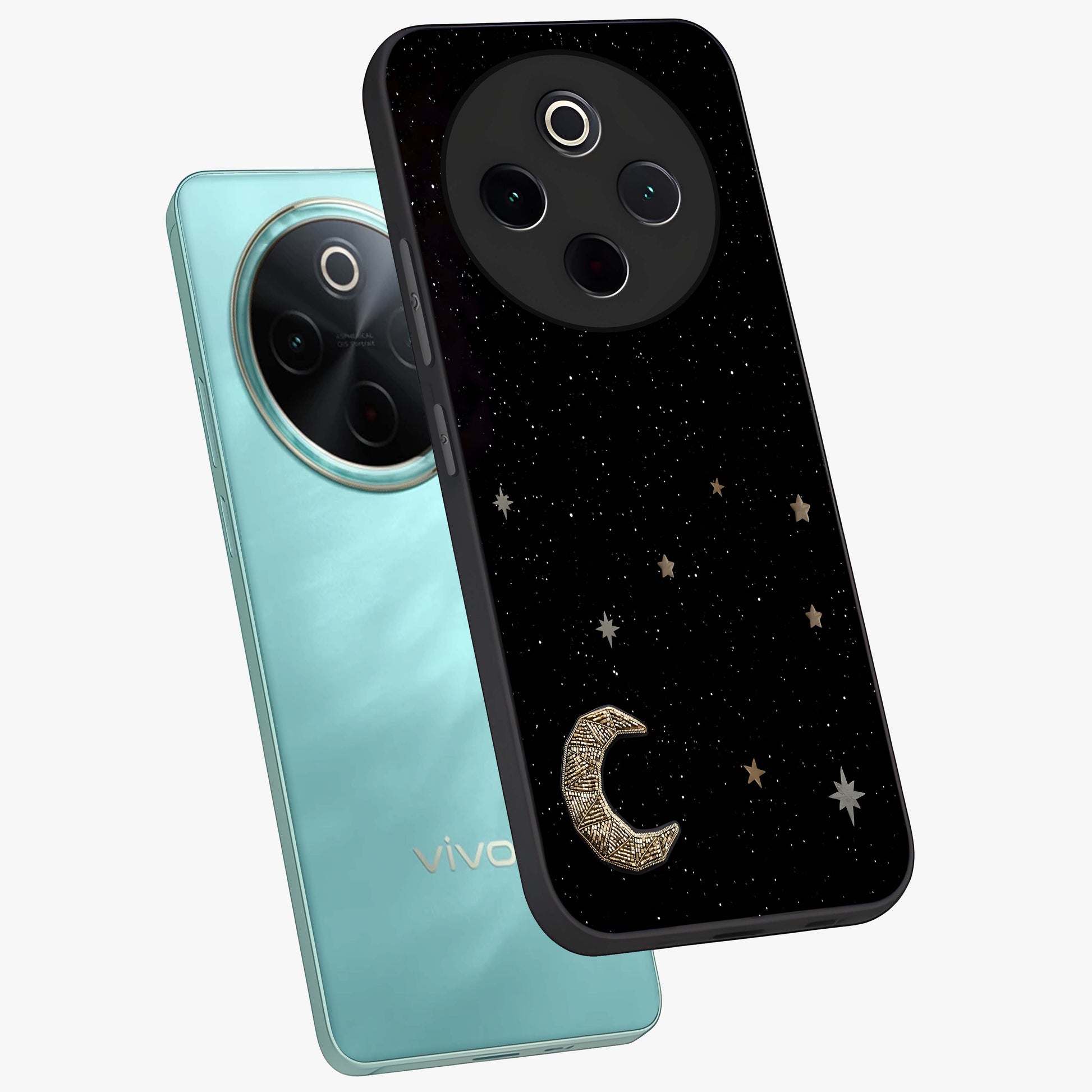 Twinkle Star With Half Moon Glass Case displayed in angled mockup highlighting celestial moon and star design with magical aesthetic.