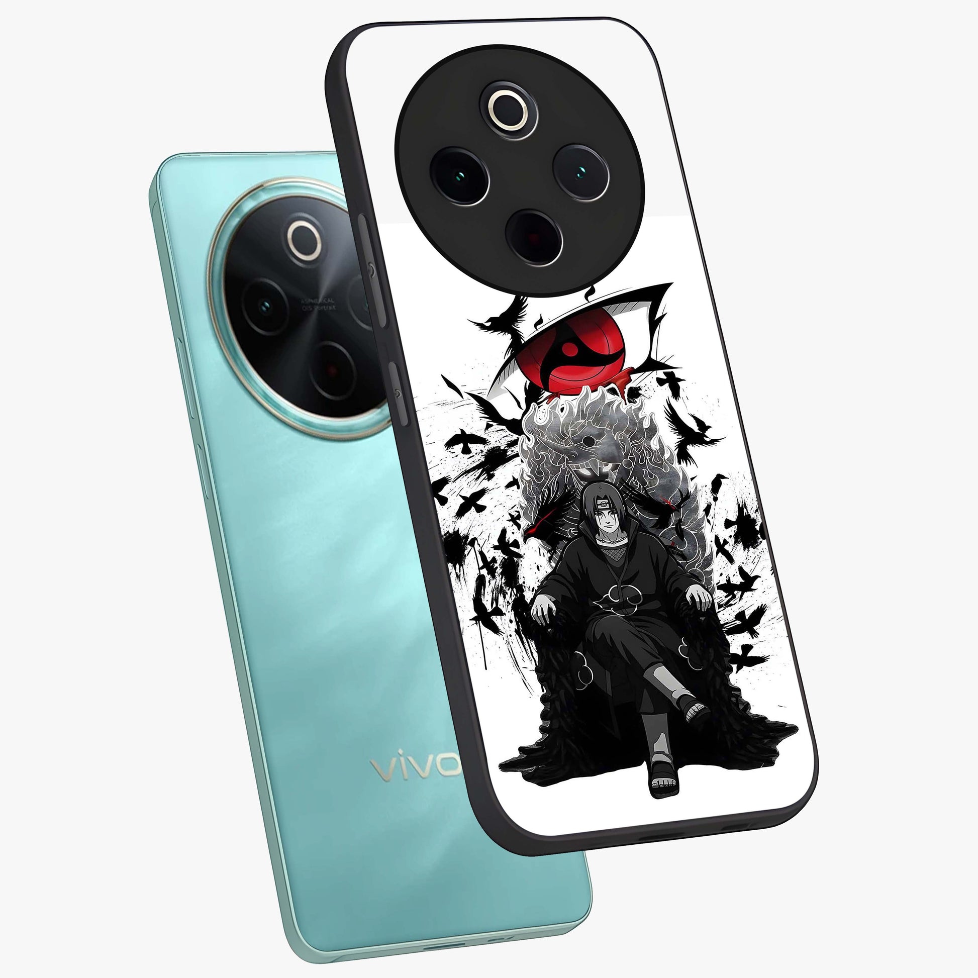 Uchiha Shadow Throne Glass Case displayed in angled mockup highlighting glowing aquatic design with celestial aesthetic.