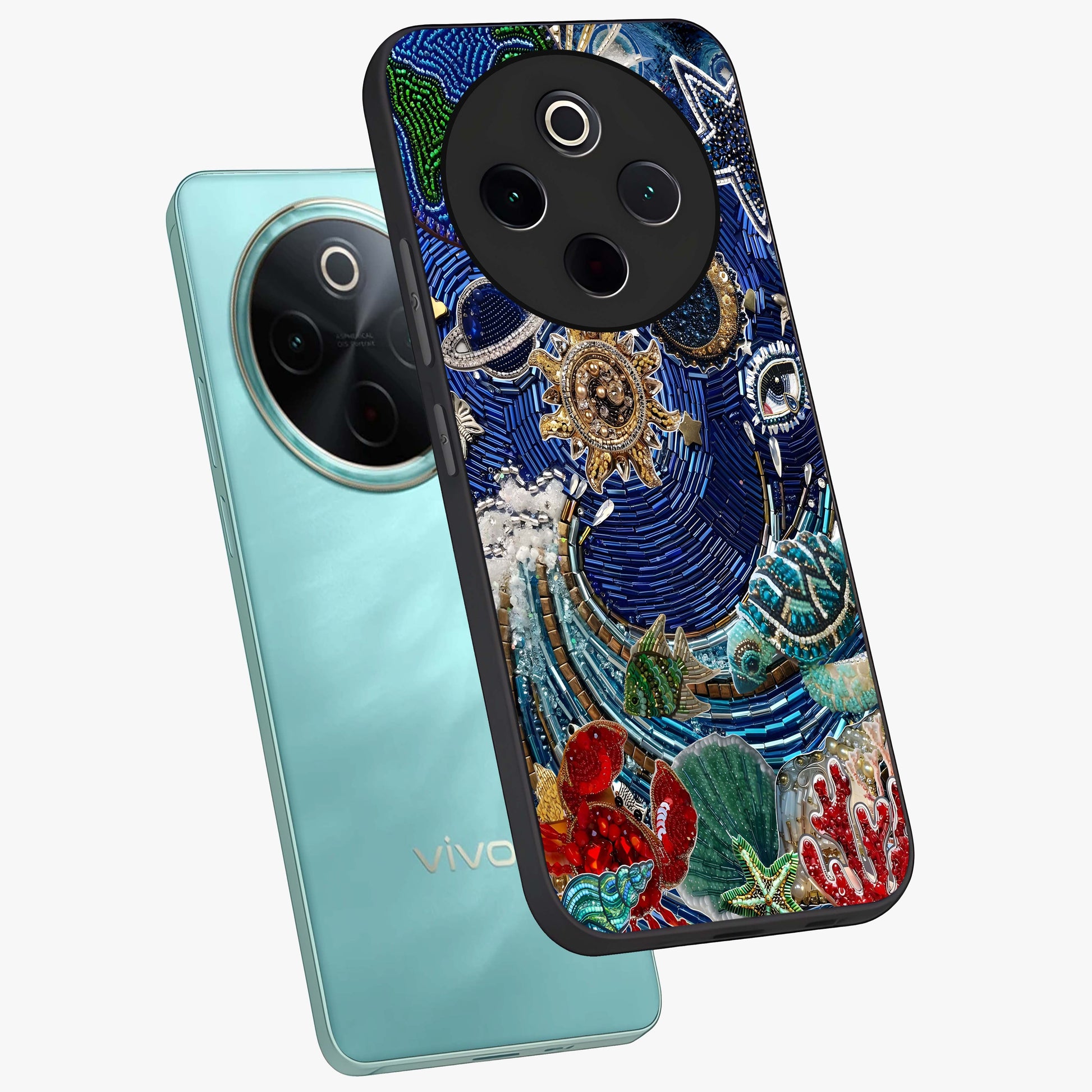 Universe Underwater Spark Glass Case displayed in angled mockup highlighting glowing aquatic design with celestial aesthetic.