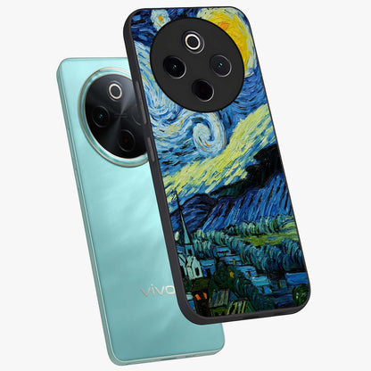 Van Gogh Art Glass Case displayed in angled mockup highlighting swirling brushstroke design with artistic aesthetic.