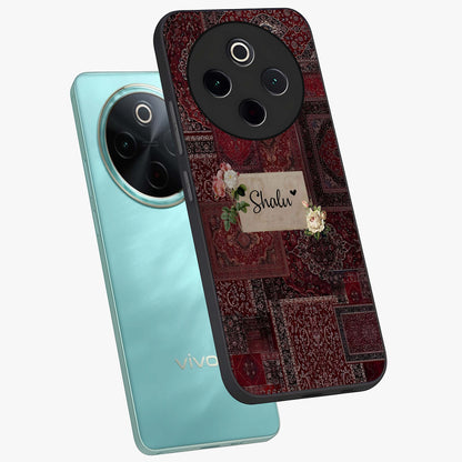 Velvet Wine Pattern Custom Name Glass Case displayed in angled mockup highlighting decorative velvet inspired design with custom name feature.