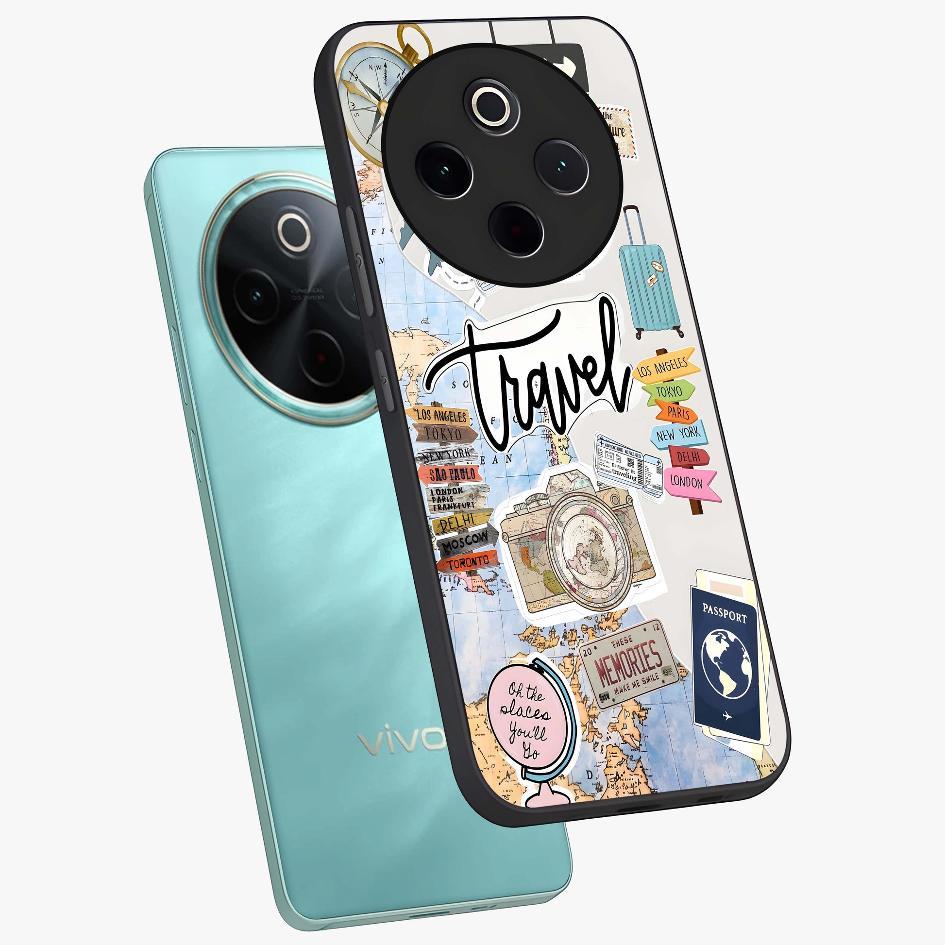 Wanderlust Journal Glass Case displayed in angled mockup highlighting adventure themed design with aesthetic travel vibe.