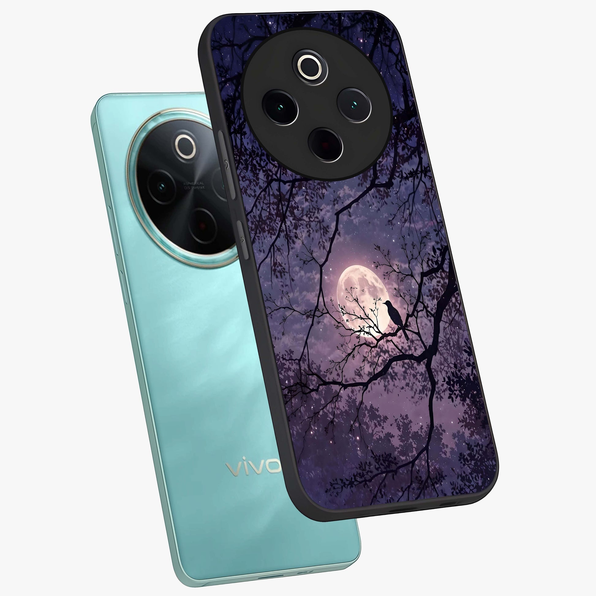 Whispering Moon Silence Glass Case displayed in angled mockup highlighting calm lunar design with dreamy night aesthetic.