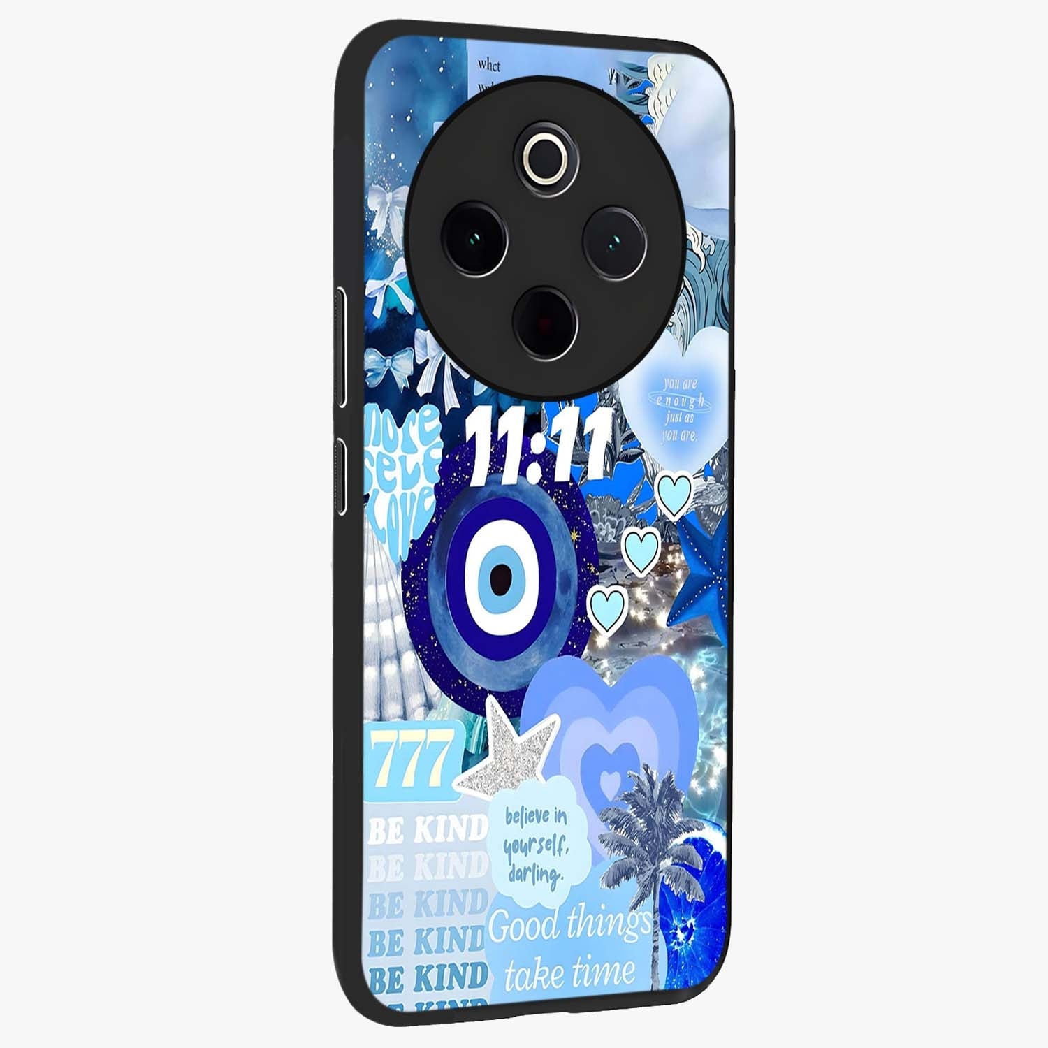 Aesthetic Be Kind Eye Glass Case upright view showcasing stylish eye illustration with positive message theme.