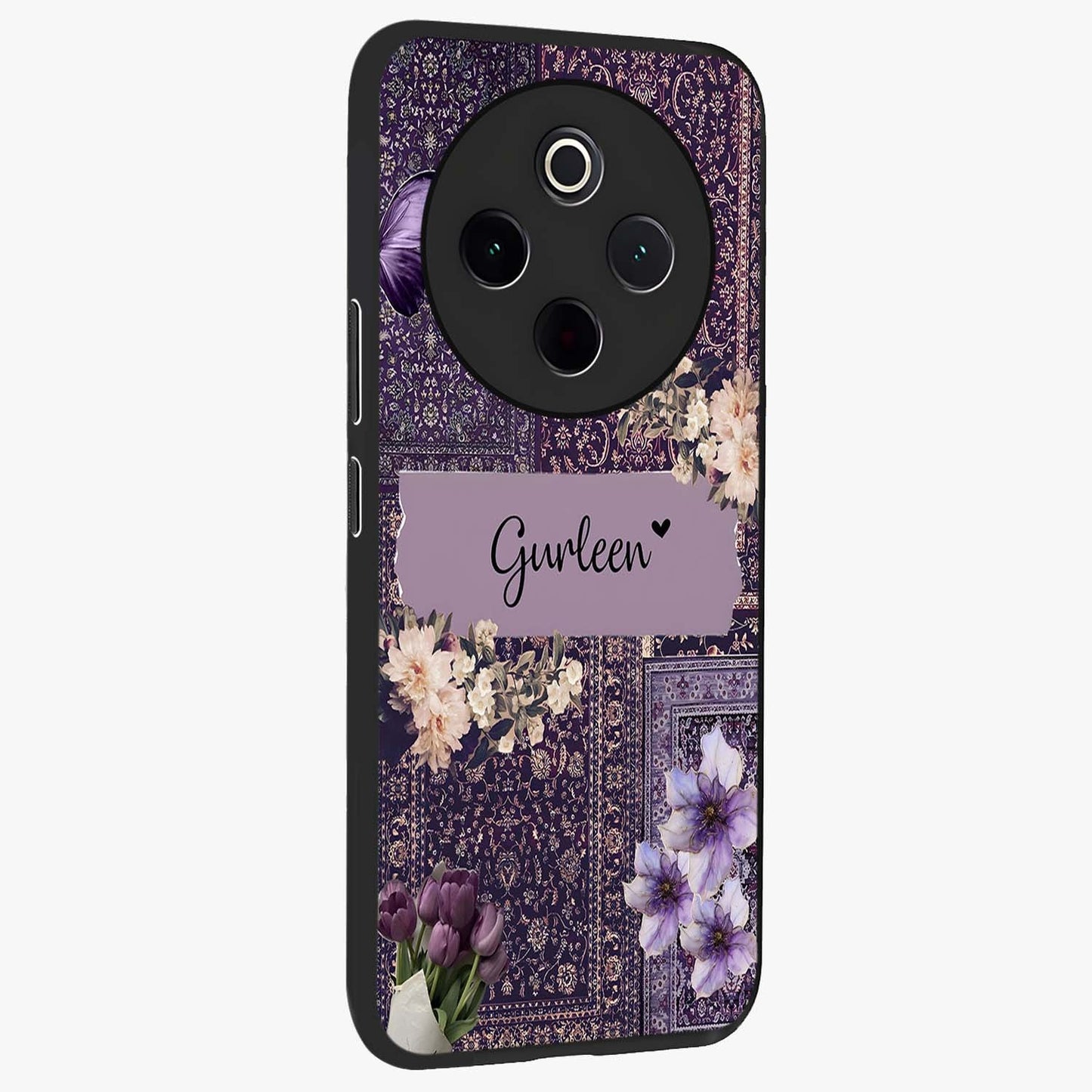 Antique Floral Whisper Custom Name Glass Case upright view showcasing delicate floral artwork with custom name feature.