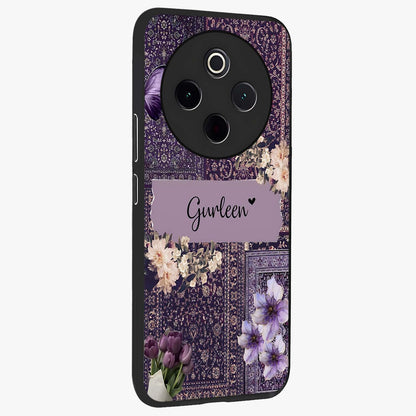 Antique Floral Whisper Custom Name Glass Case upright view showcasing delicate floral artwork with custom name feature.