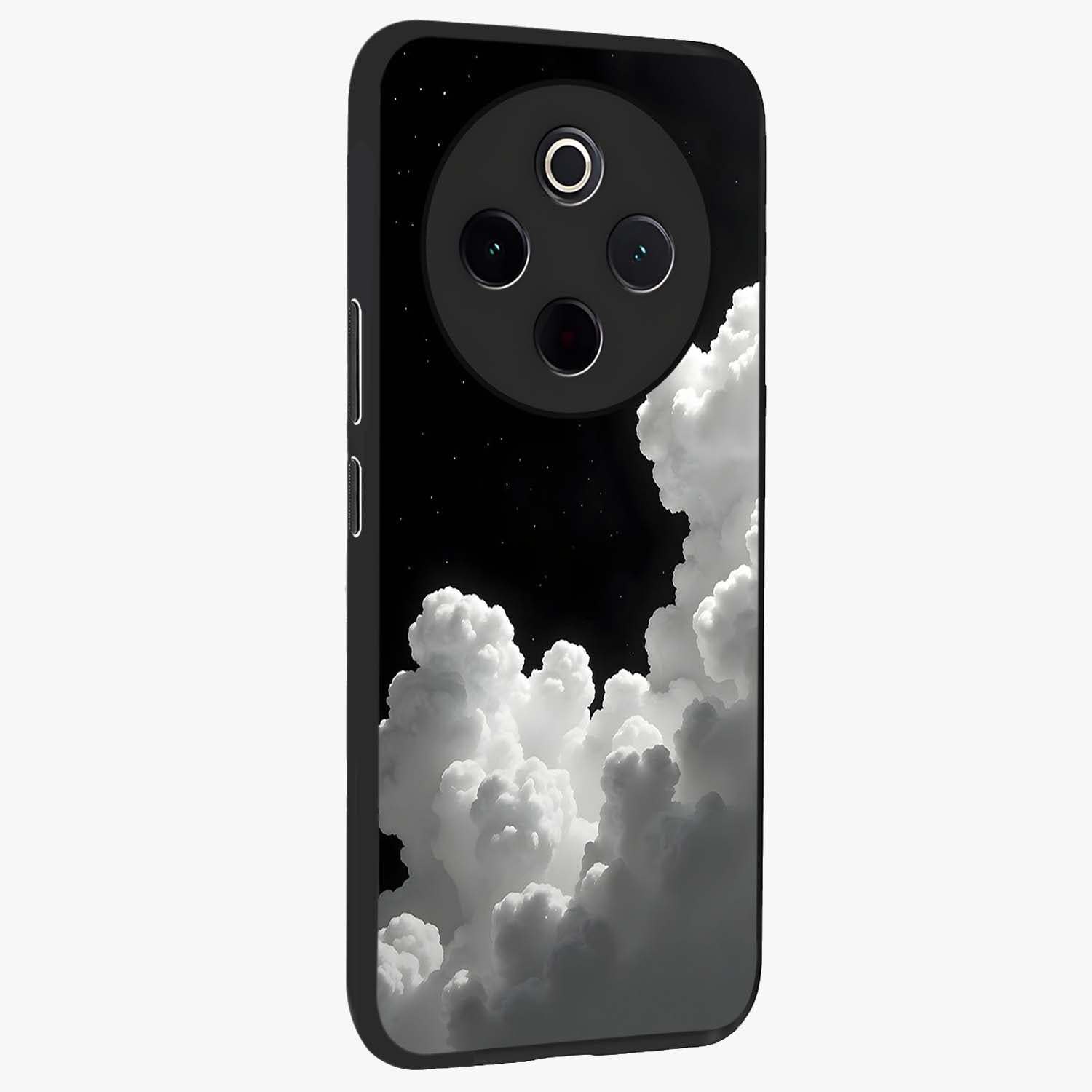Black Background With White Cloud Glass Case upright view showcasing calm cloud aesthetic with modern minimal style.