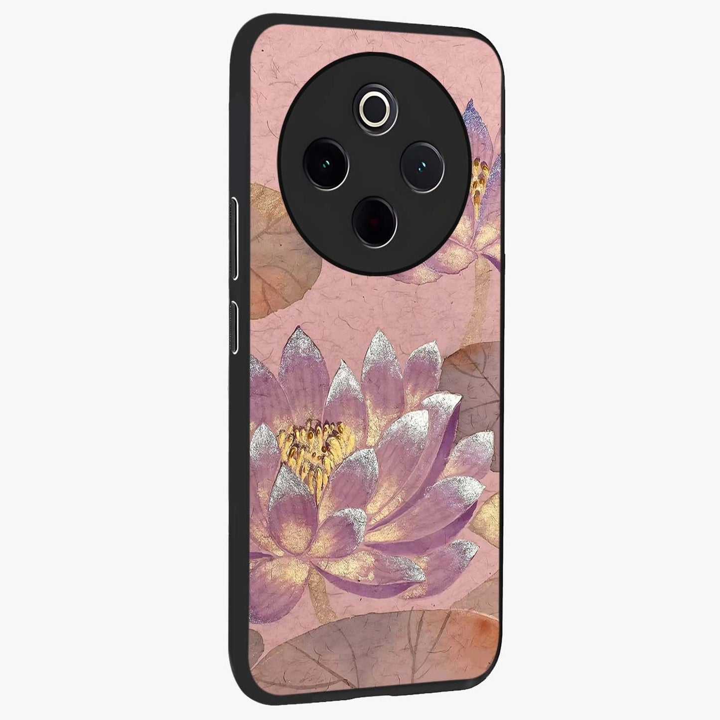 Blossom Mist Lotus Glass Case upright view showcasing graceful lotus flower design with peaceful botanical style.
