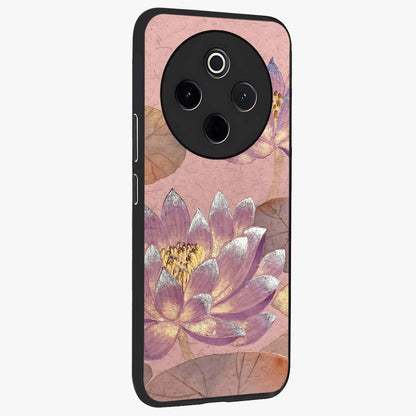Blossom Mist Lotus Glass Case upright view showcasing graceful lotus flower design with peaceful botanical style.
