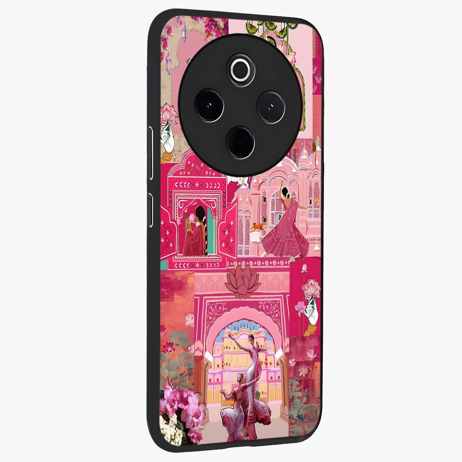 Blossoms of Rajasthan Glass Case upright view showcasing colorful floral design inspired by traditional Indian art.