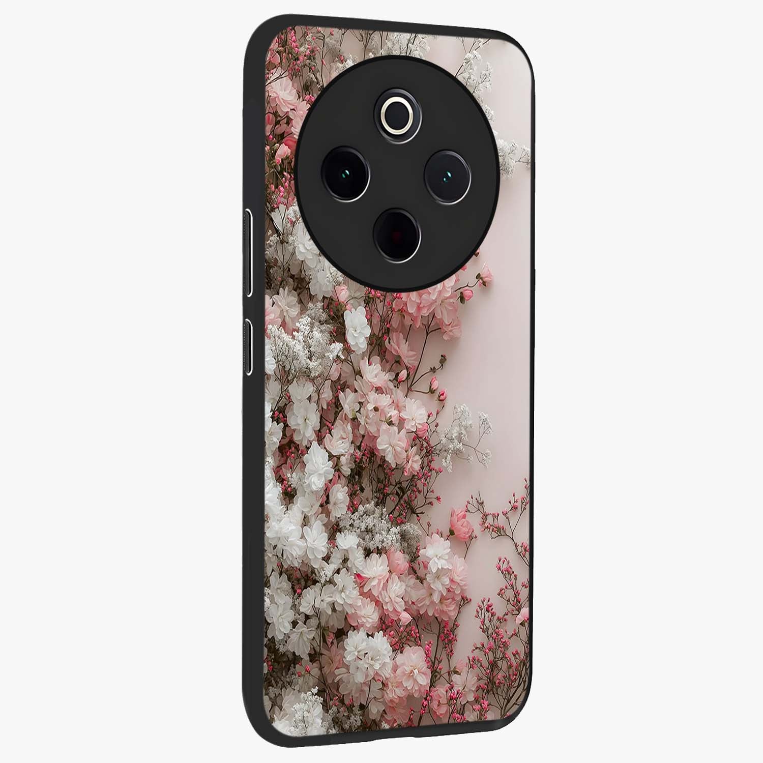 Blush Blossom Cloud Glass Case upright view showcasing calm floral cloud artwork with gentle dreamy theme.