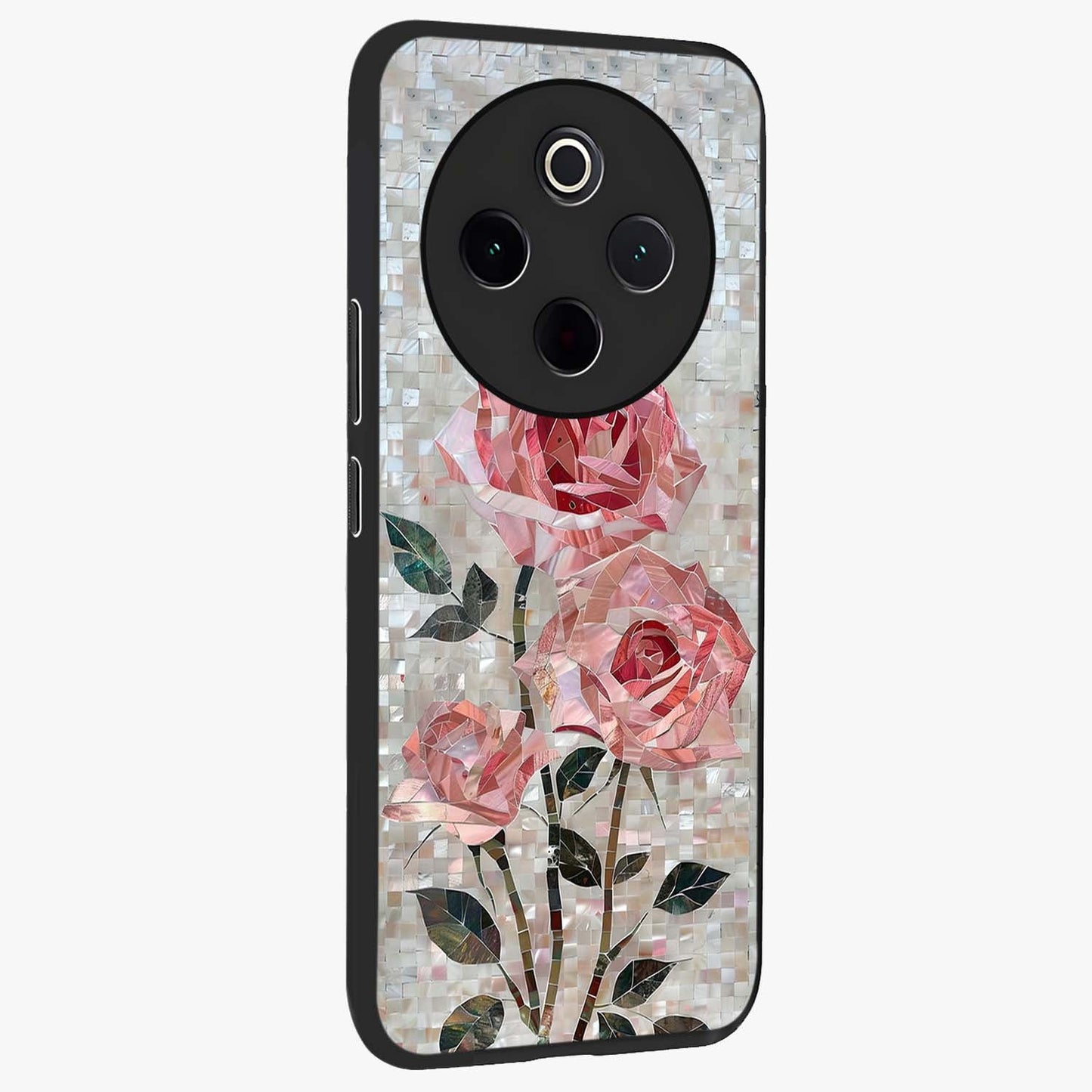 Blush Mosaic Bloom Glass Case upright view showcasing decorative floral mosaic artwork with stylish modern aesthetic.