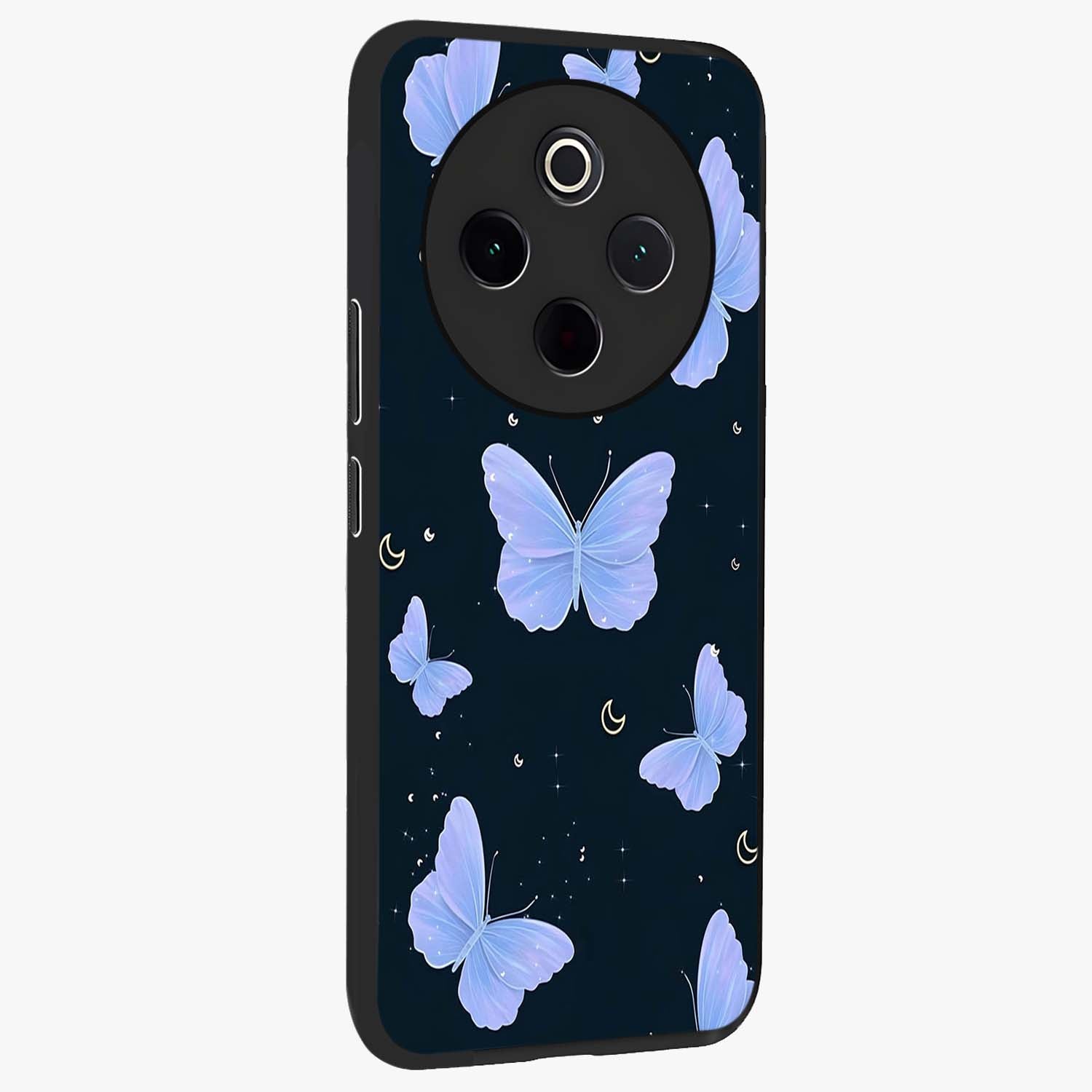 Butterfly With Stars Pattern Glass Case upright view showcasing celestial butterfly artwork with sparkling star elements.