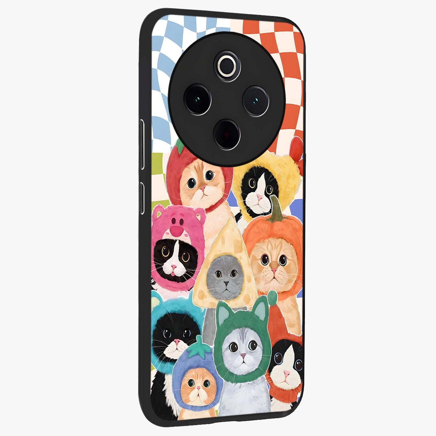 Cats in Fruits Glass Case upright view showcasing charming cat artwork with fun fruity theme.