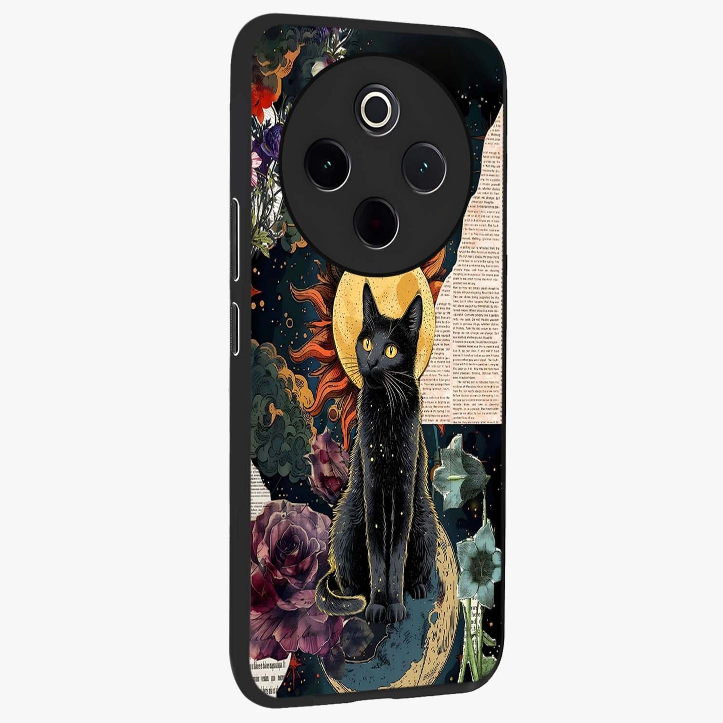 Celestial Black Cat Glass Case upright view showcasing magical black cat illustration with starry cosmic theme.
