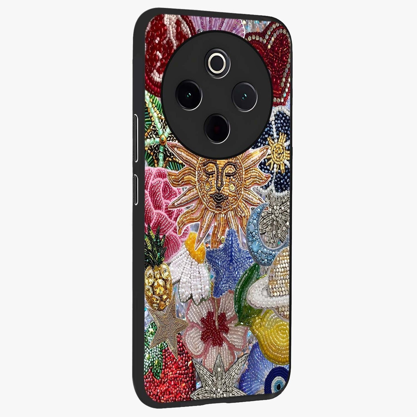 Celestial Floral and Playful Glass Case upright view showcasing whimsical floral artwork with cosmic aesthetic theme.