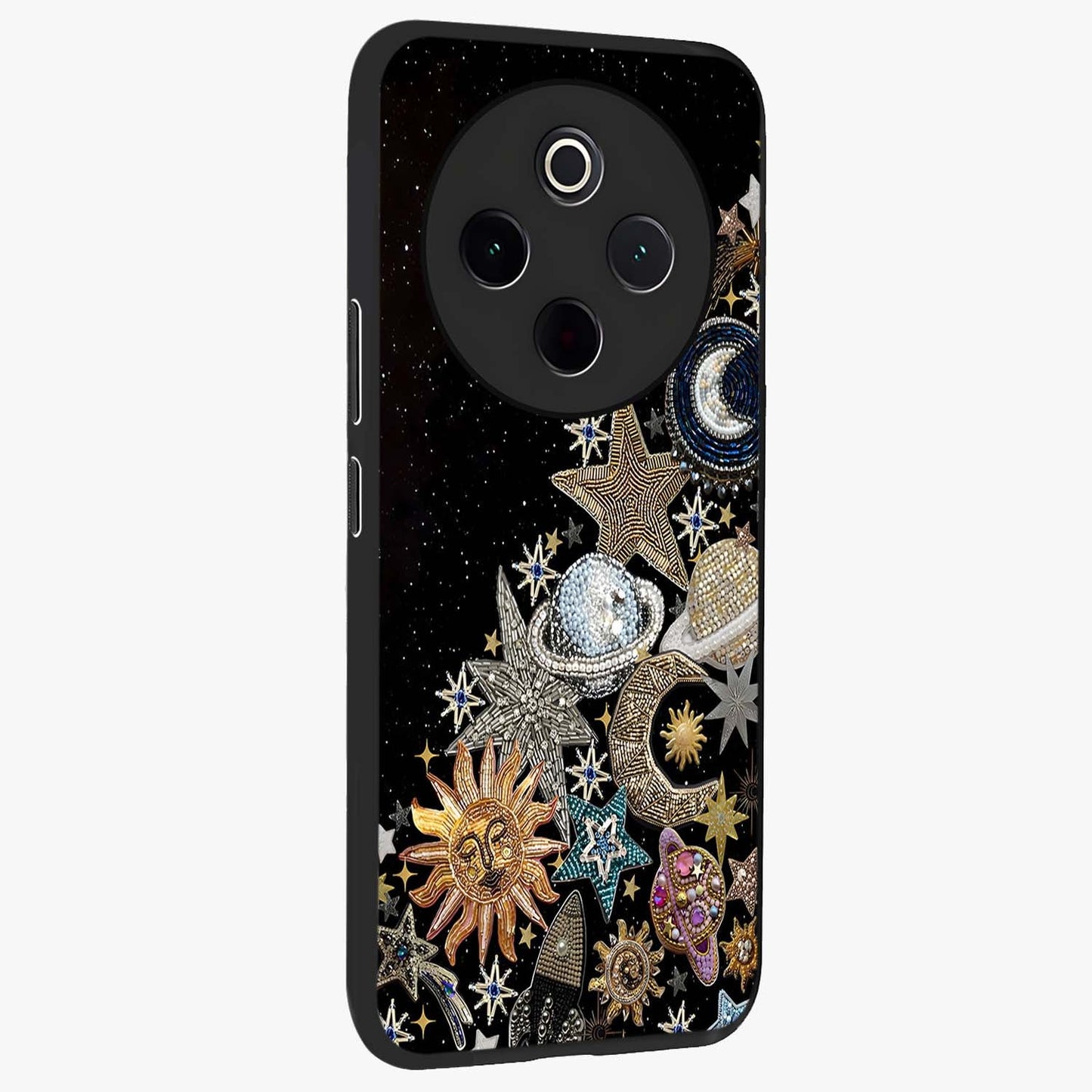 Cosmic Sparkle Dreams Glass Case upright view showcasing glowing cosmic artwork with magical galaxy theme.