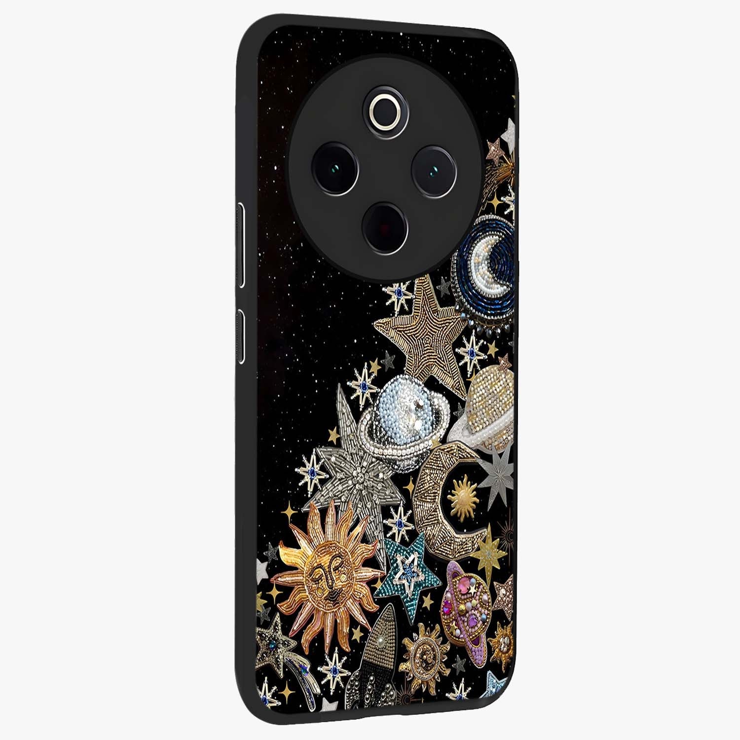 Cosmic Sparkle Dreams Glass Case upright view showcasing glowing cosmic artwork with magical galaxy theme.