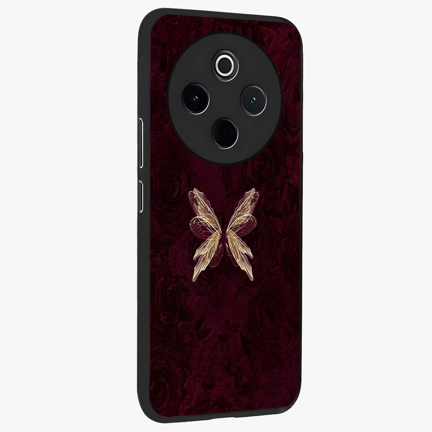 Crimson Fade Butterfly Glass Case upright view showcasing graceful butterfly artwork with soft crimson fade effect.