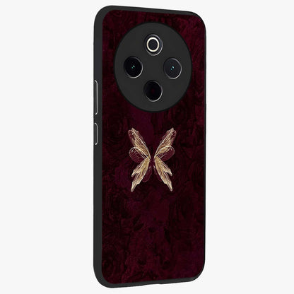 Crimson Fade Butterfly Glass Case upright view showcasing graceful butterfly artwork with soft crimson fade effect.
