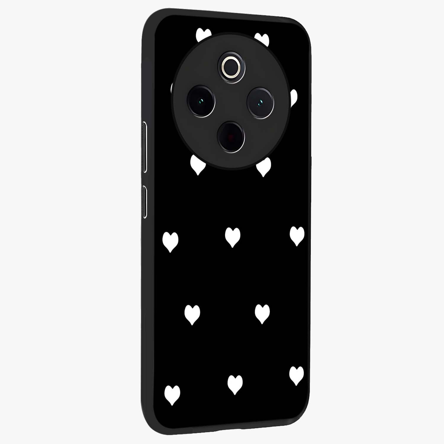 Cute And Simple White Hearts Glass Case upright view showcasing simple white hearts artwork with soft minimal theme.