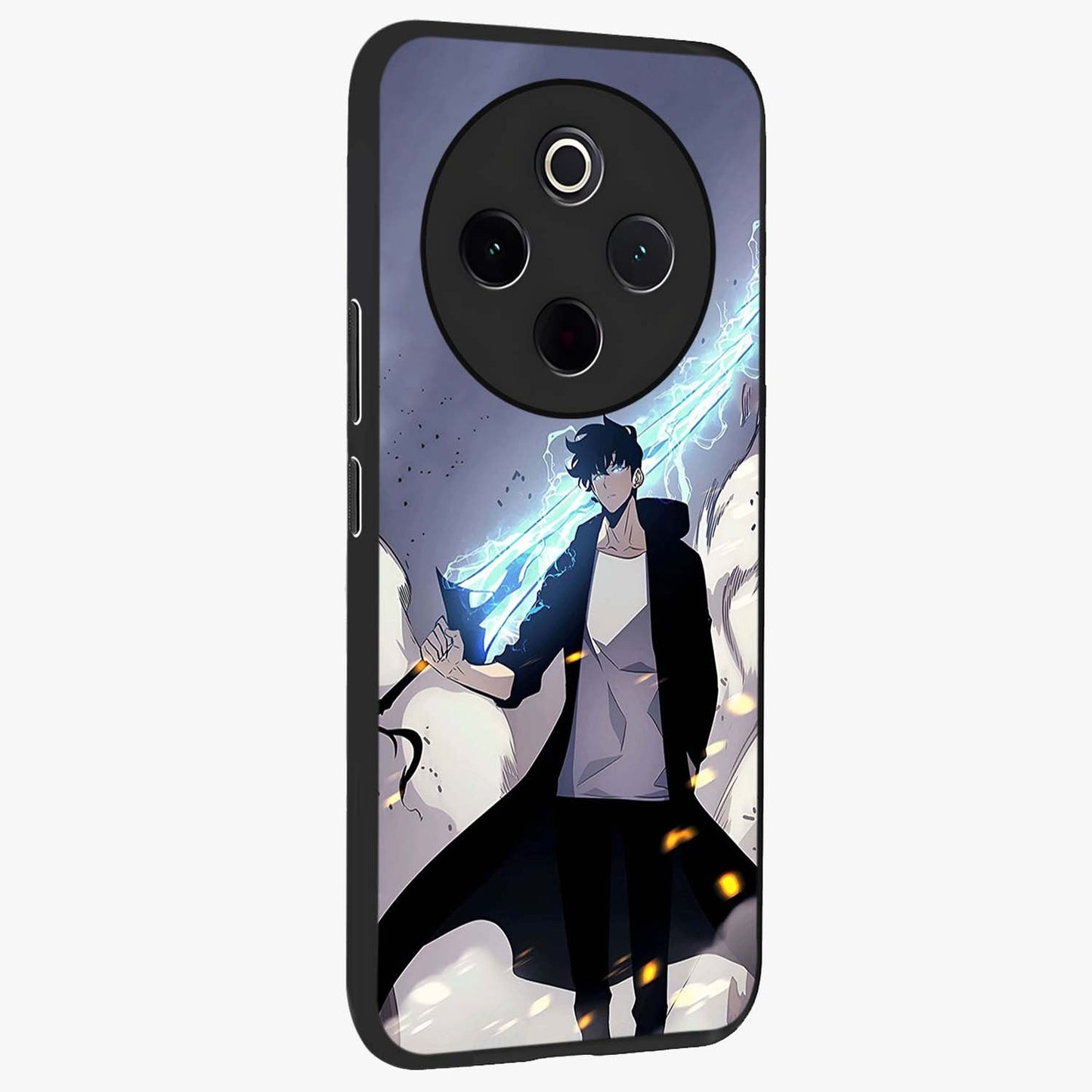 Dark Lightning Anime Warrior Glass Case upright view showcasing dramatic warrior artwork with dark lightning aesthetic.