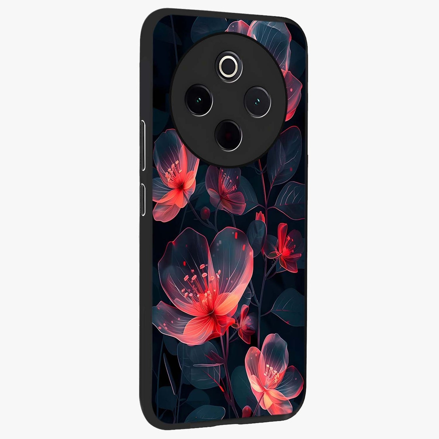 Dark Shade of Flower Glass Case upright view showcasing delicate flower artwork with rich dark floral theme.