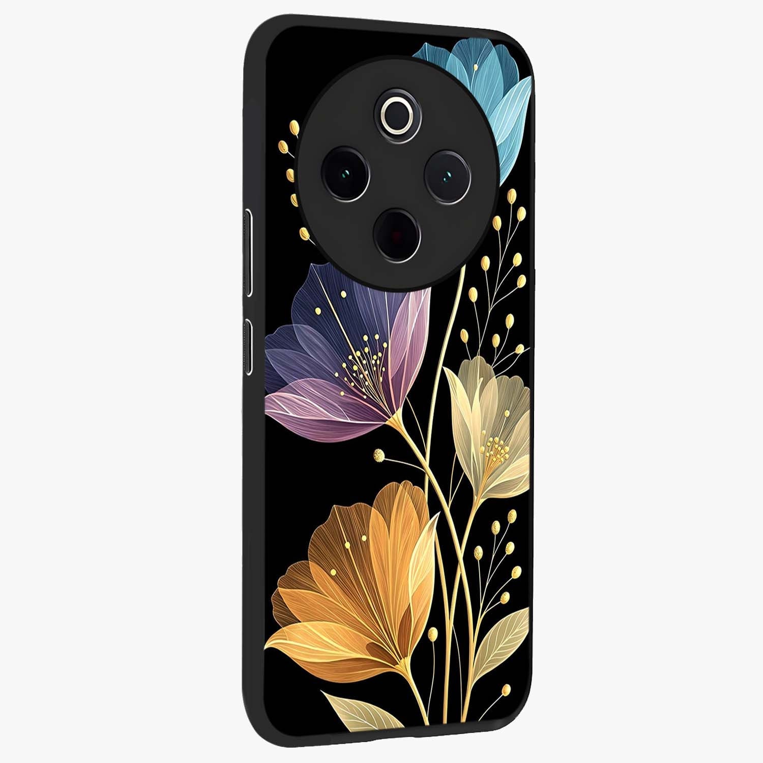 Delicate Multicolor Flowers Glass Case upright view showcasing delicate floral artwork with bright botanical theme.